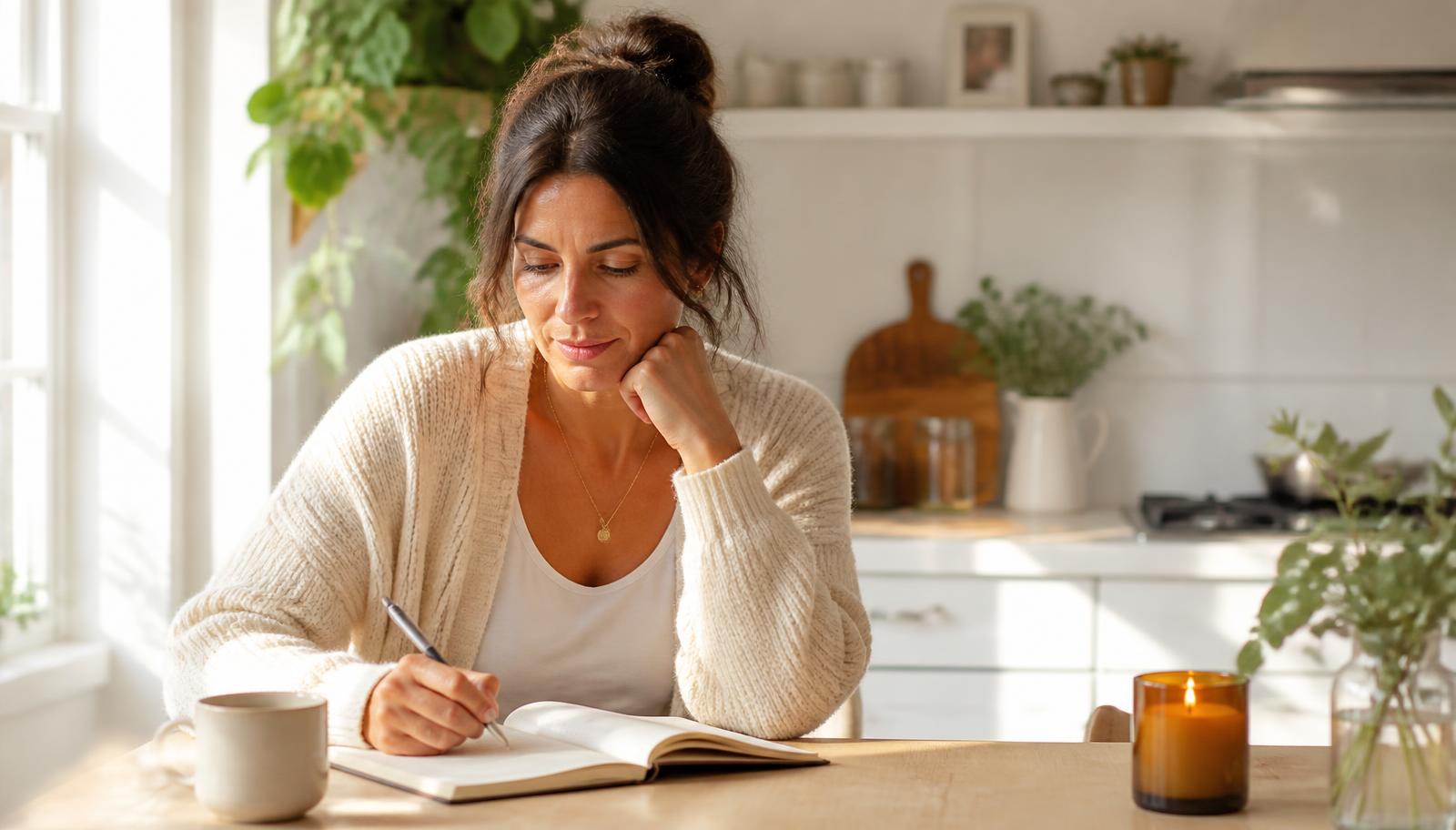 A single mother writing in a notebook at her kitchen table